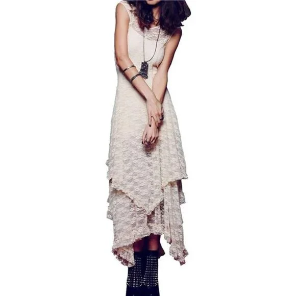Off White Cream Lace Sleeveless Asymmetrical Layered Lace Tiered Long Midi Dress - Picture 3 of 6